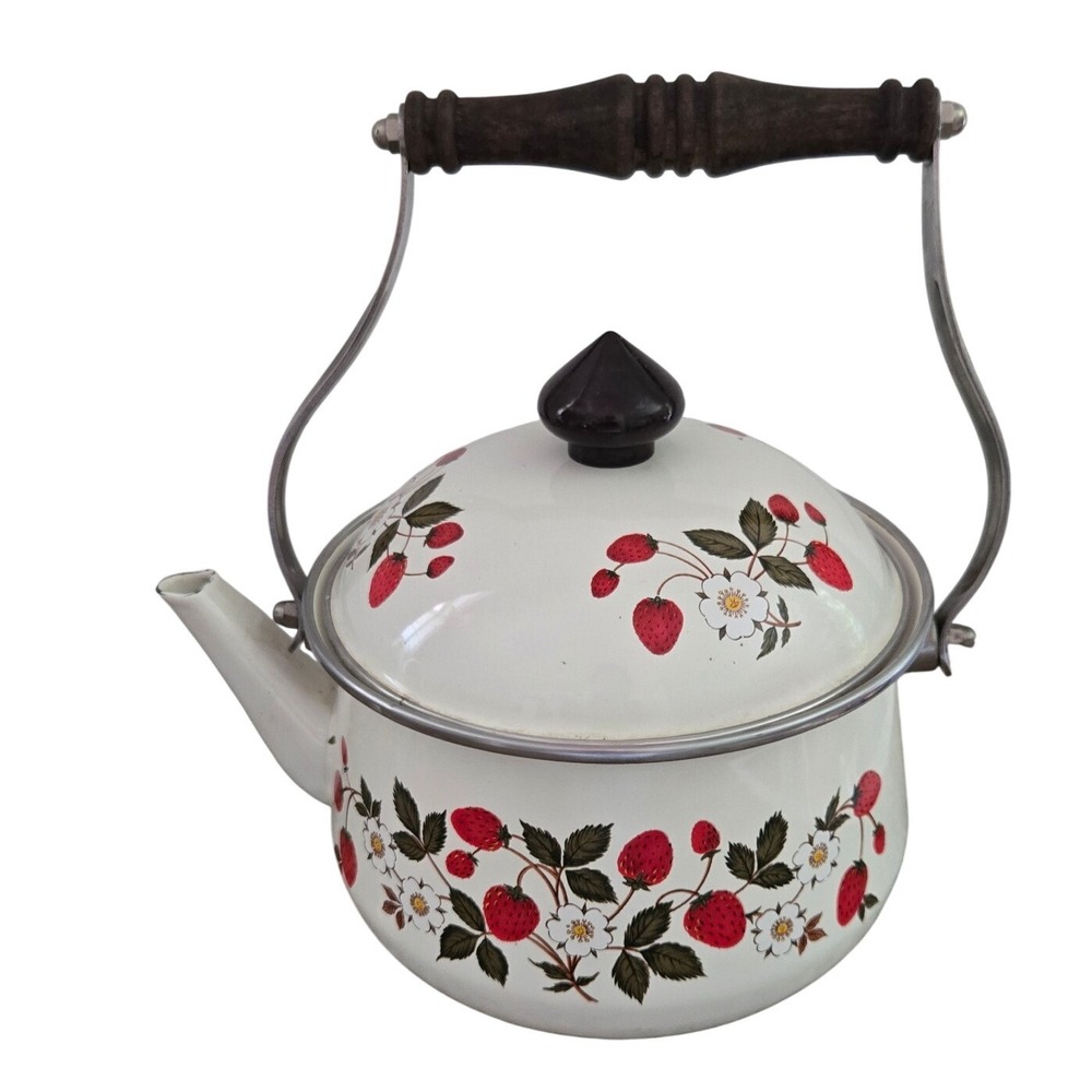 Vintage Sheffield Strawberries N Cream Enamel Tea Kettle Teapot Wooden Handle